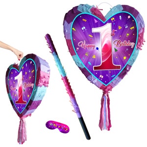 Erster Geburtstag Herz Pinata mit Stick 1st Piñata Mädchen Party Liebe Thema Thema Smash Spiel Nummer eins Jahr rosa Einhorn Spaß UK neu