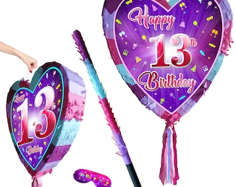 13歳の誕生日に使えるハート型ピニャータ（スティックと目隠し付き）、女の子向けパーティーゲーム