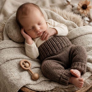 May include: A sleeping infant wearing a cream-colored long-sleeve bodysuit and high-waisted brown knit pants with a ribbed waistband and cuffs. A small, round wooden rattle with a central ring and a handle is positioned next to the infant.