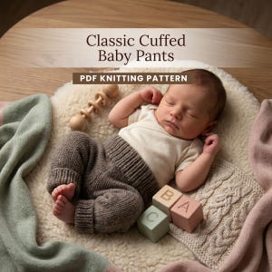 May include: A PDF knitting pattern titled Classic Cuffed Baby Pants featuring a sleeping infant wearing brown knitted pants with a ribbed waistband and cuffs, paired with a cream-colored short-sleeved bodysuit, wooden blocks, and a rattle.