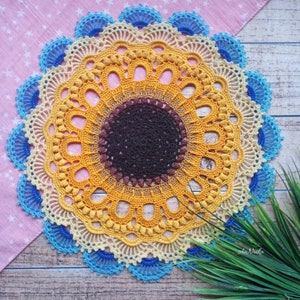 Yellow and blue crochet mandala doily Sunflower table doily Autumn table decor