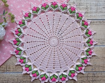 Light pink doily with flowers Crochet doily with hearts Textured doily 3d doily table decor