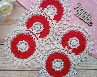 Crochet small doilies with cute red hearts cup coaster table décor Set of 5 Valentines gift