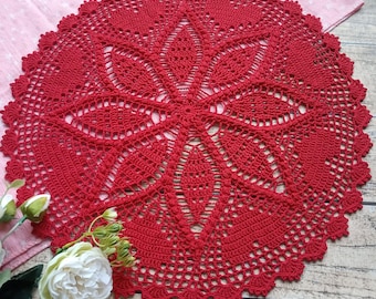 Valentines Crochet hot red doily with hearts Valentines table setting cotton 17 inch