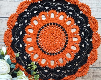 Halloween crochet orange black doily Halloween table decor