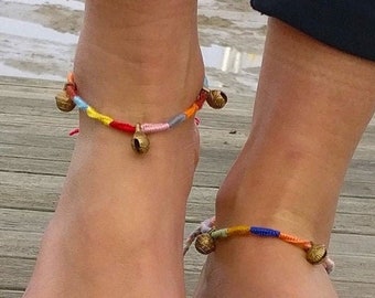Tibetan Brass Bell Woven Anklet Band - Handcrafted friendship ankle band - cotton best friend gift