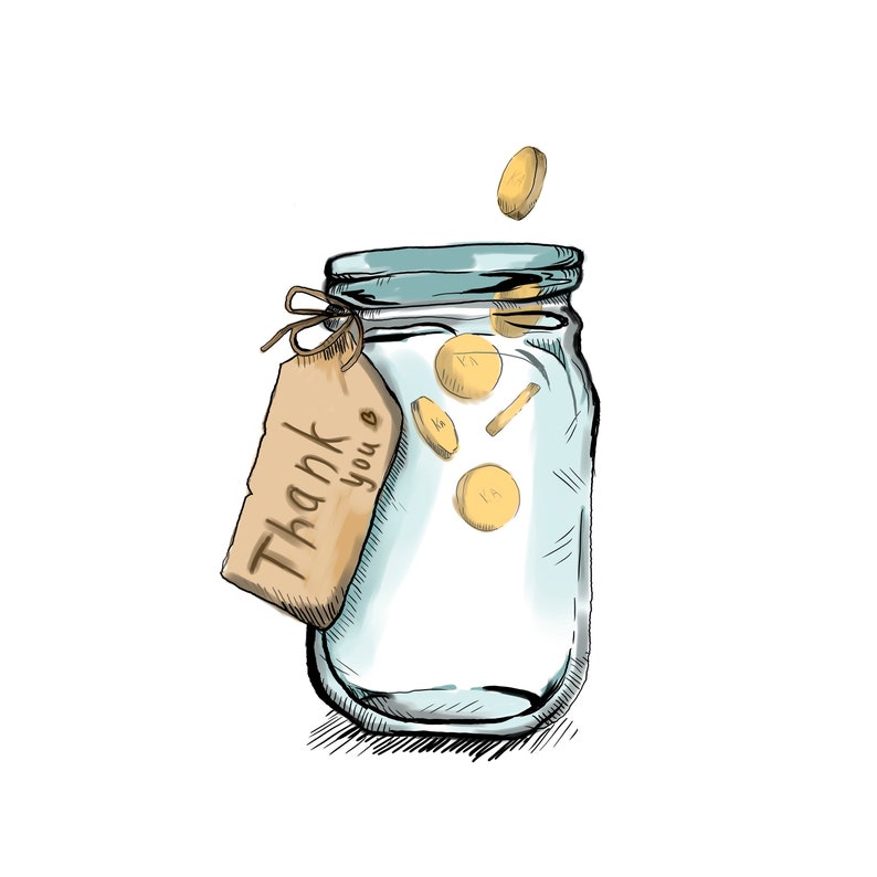May include: A glass jar with a brown tag that says "Thank you" and gold coins inside. The jar is on a white background and there are gold coins falling into the jar.