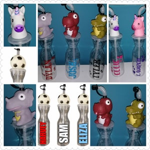 Cutie Unicorn / Dinosaur and Football Personalised Water Bottles with plastic straw