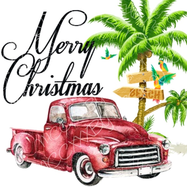 Vintage Red Beach Truck Merry Christmas Digital Design - Retro Holiday Illustration for Sublimation, Cards, Prints and Crafts