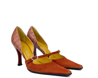 Vintage 90er- und 2000er-Jahre-Echtleder-Wildleder-Spitzabsatz / Spitze-Pumps in Orange, Größe 37,5 - 38 EU / 4,5 - 5 UK / 6,5 - 7 US