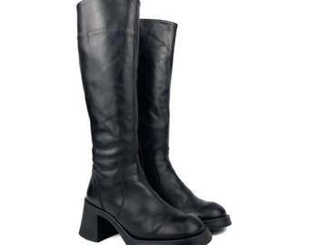 Vintage Y2K 90s 00s real leather block heel square toe chunky knee high boots in black size 36 - 36.5 EU / 3 - 3.5 UK / 5 - 5.5 US