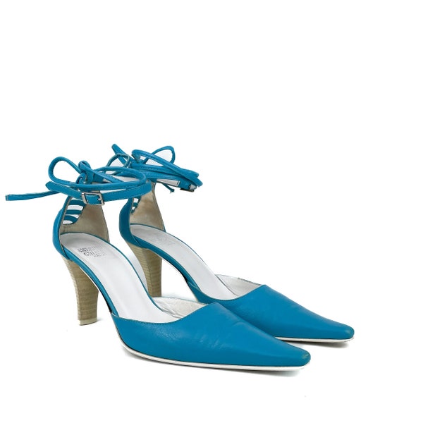 Vintage real leather pointy ankle strap sandals heels in blue size 37 - 38 EU / 4 - 5 UK / 6 - 7 US