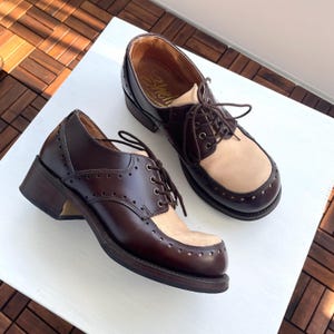 Vintage 90s Shelly's chunky Oxfords shoes / burgundy and beige two-tone brogues in real leather size 37 - 37.5 EU 6 - 6.5 US 4 - 4.5 UK