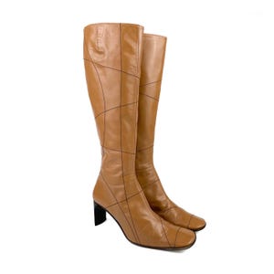 Vintage bruna knähöga stövlar i läder: fyrkantig tå, storlek 37 EU