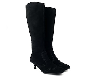 Vintage Suede Kitten Heel Knee High Boots, Black Leather (EU 37.5)