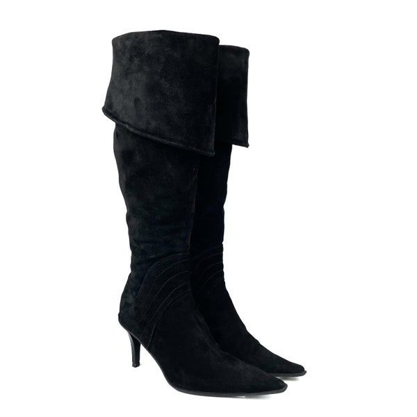 Cuissardes pointues en cuir véritable vintage des années 2000 en daim / bottes hautes en noir taille 36 - 36,5 EU / 3 - 3,5 UK / 5 - 5,5 US