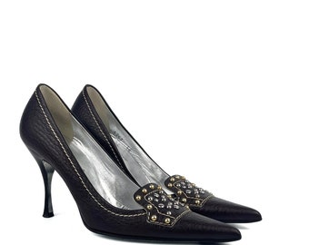 Vintage Dolce & Gabbana real leather extra pointy heels / studded pumps in brown size 36 EU / 3 UK / 5 US