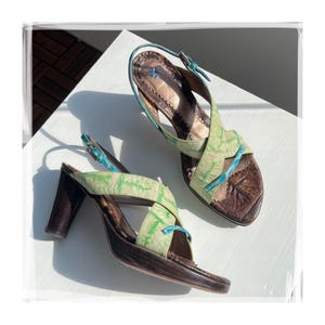 Vintage Muxart Leather Heeled Sandals: Y2K Green & Blue, Size 38 EU