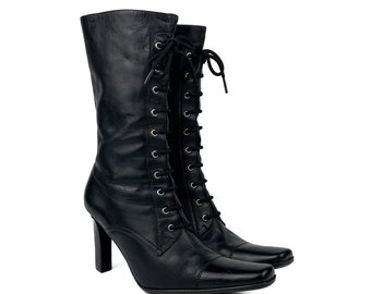 Bottines mi-mollet à lacets et bout carré en cuir véritable - Noir taille 38,5 EU/5,5 UK/7,5 US