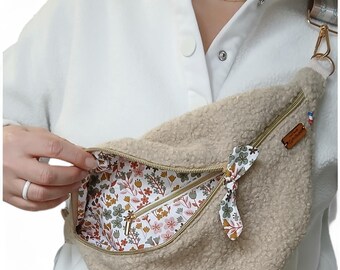 Beige sheepskin fanny pack, made of super soft sheepskin - floral patterned interior - Handmade