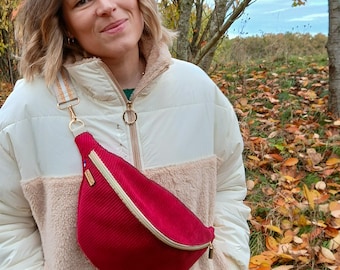 Burgundy Corduroy Fanny Pack with Floral Lining - Handmade