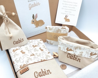 Cadeau naissance personnalisé bébé, beige et blanc naturel, lapins, protège carnet de santé lapin, coffret naissance lapin, cadeau bébé