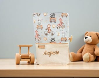 Personalized baby boy health record book cover with name, animals in vintage cars