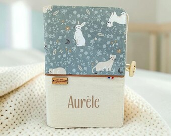 Personalized health record book cover with name, rabbits and forest animals