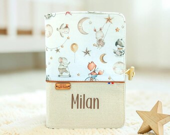 Personalized watercolor animal baby health record book cover, unisex baby gift, space theme