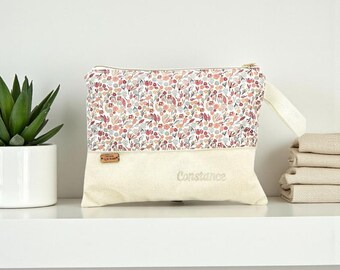 Tousse de toilette personnalisée, pochette molletonnée, petites fleurs liberty, cadeau Noël personnalisé
