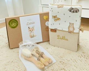 Personalized baby gift set, cotton gauze health record book cover with forest animals, brush, and wooden cutlery set