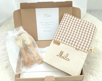Personalized baby gift set – Brown gingham patterned health record book cover with hairbrush and wooden cutlery set
