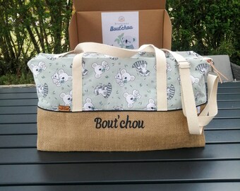 Personalized changing bag, koala and lemur, padded in burlap