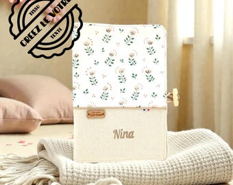 Personalized baby health record book cover - Minimalist floral fabric - Handmade name birth gift