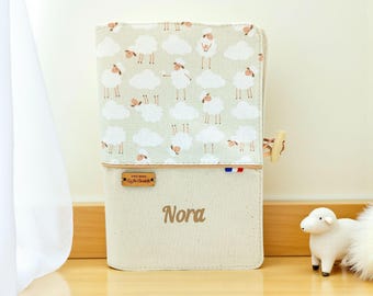 Personalized health record book cover with name, sheep theme, beige and white
