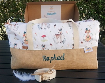 Personalized changing bag, deer and foxes, padded in burlap