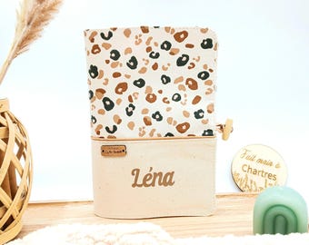 Personalized baby health record cover, leopard print, with first name