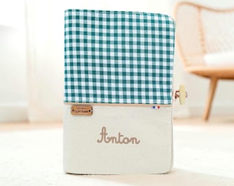 Personalized baby health record book cover with name, green gingham pattern, handmade baby gift