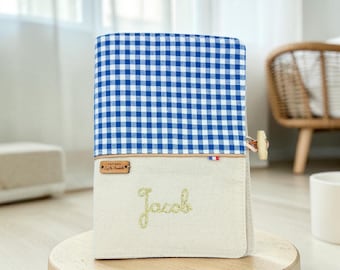 Personalized baby health record book cover - Navy blue gingham check pattern, Handmade health record book cover - Personalized baby gift