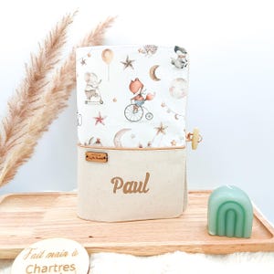 Protège carnet de santé personnalisé pour bébé, cadeau de naissance animaux aquarelle, renard éléphant et raton laveur, animaux des forêts