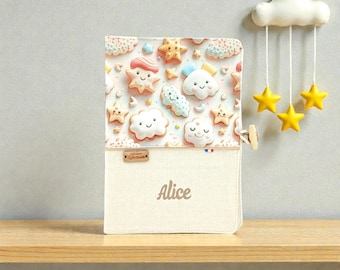 Personalized health record book cover with name, kawaii star and cloud treats