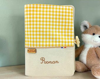 Personalized baby health record book cover - Yellow gingham check pattern, Handmade health record book cover - Personalized baby gift