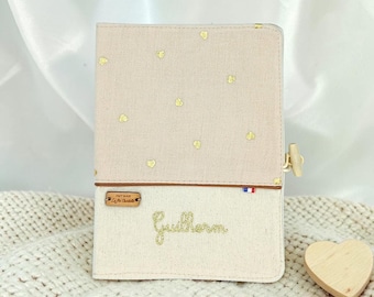 Personalized baby gift set – Padded cotton gauze health record book cover with small, sparkling gold hearts