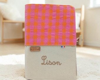 Personalized baby health record book cover in pink and orange gingham, handmade checkered health record book cover, personalized baby gift
