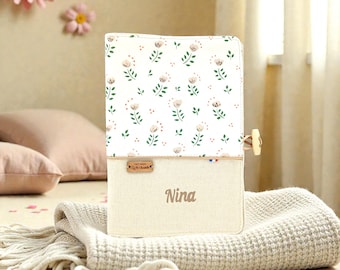 Personalized floral health record book cover with name, minimalist romantic pink flowers