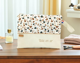 Personalized leopard toiletry bag, personalized Christmas gift, personalized fleece pouch, leopard print women's gift