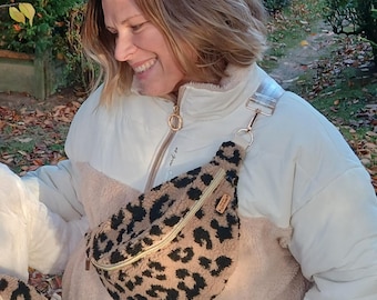 Leopard print sheepskin fanny pack, soft plush fur material - Handmade fanny pack