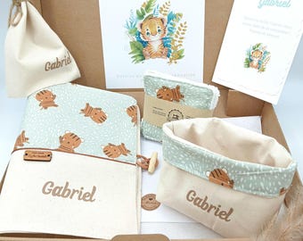 Personalized baby birth gift with first name, birth gift, baby gift, sage green, tiger, beige and natural, personalized gift