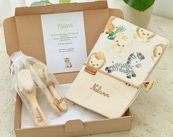 Personalized baby gift set, Jungle Animals health record book cover with brush and wooden cutlery set