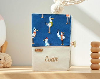 Personalized baby health record book cover with a sea theme, a perfect gift for a little sailor with their name, and a seagull baby health record book cover.